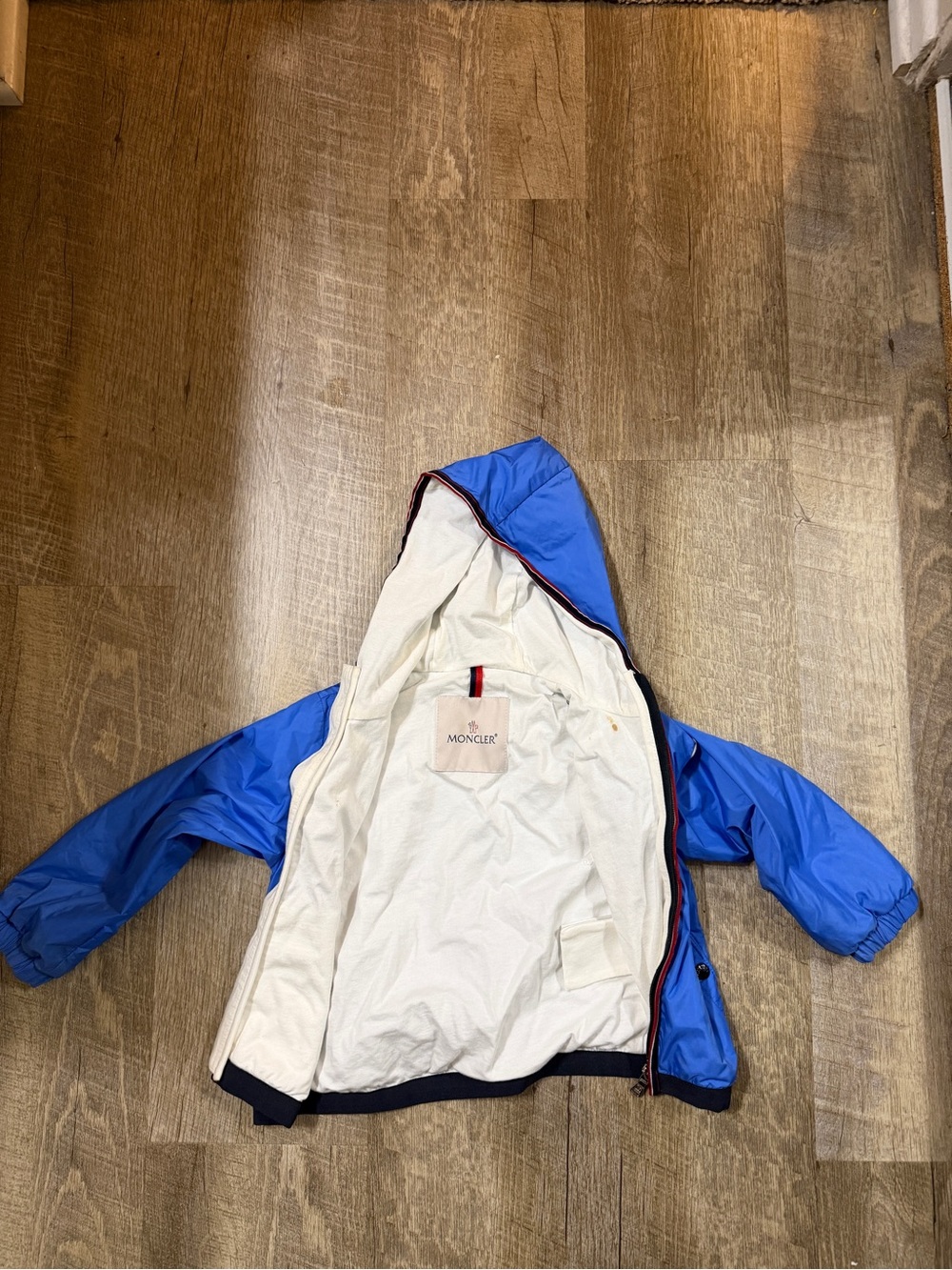 Moncler Bright Blue Hooded Kids Puffer Jacket with White Lining